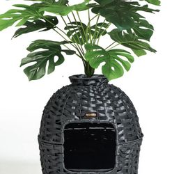 KUREEISE Hidden Litter Box Furniture with Artificial Plants, Handwoven Rattan Cat House Retail $195