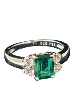 Lab Created Emerald & White Sapphire Ring Rhodium Over Sterling Silver Size 7