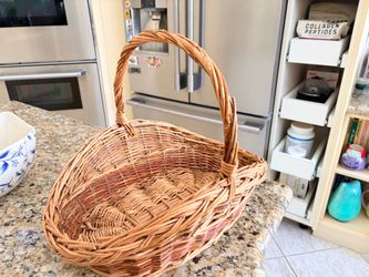Basket two tone color scalloped top edge woven by hand perfect condition 12 inches tall 15 inches long