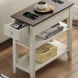 😀 Set of 2 Farmhouse End Table with Charging Station, Narrow Side Table Living Room with USB Ports & Power Outlets and Hidden Drawer