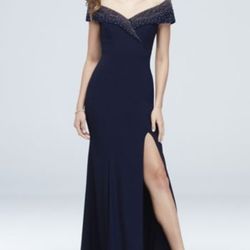 Navy Blue Off The Shoulder Goldish Bronze Sequence Beaded Night Dress