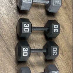 3 Pairs Of Hex Cast Iron Dumbbells   35s, 30s, 25s  Total: 180 lbs