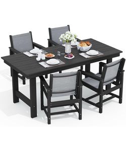 SERWALL 5 Piece Patio Dining Sets, Outdoor HDPE Dining Furniture Set with Umbrella Hole Cut-Out Table and 4 Woven Chairs, Gray brand new in box $479 C