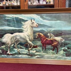 Large Retro Lumen Winter White Stallion Framed Print. 50+ Years Old.