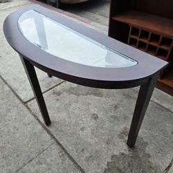Traditional Solid Wood Semi-Circle Sofa Table with Tempered Glass Top for Living Room,