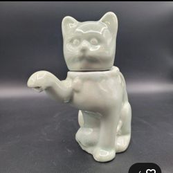 Vintage Celadon Green Ceramic Lucky Welcome Cat Pitcher Teapot, Creamer  - 6.5"