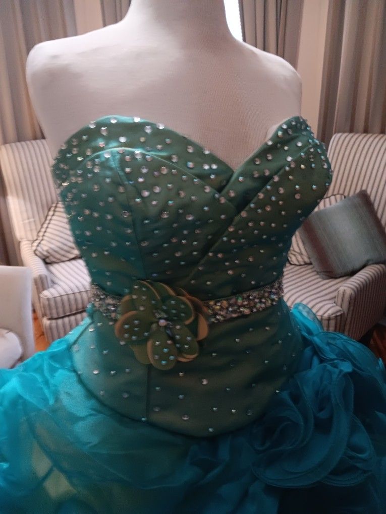 tealgold quinceañera dress