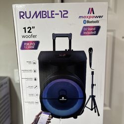 Max Power MPD892ST-RUMBLE 12 karaoke Bluetooth trolley speaker with adjustable DJ stand combo, wired