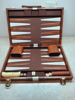Vintage Backgammon Set in Brown Faux Leather Travel Case 15 X 10 Complete