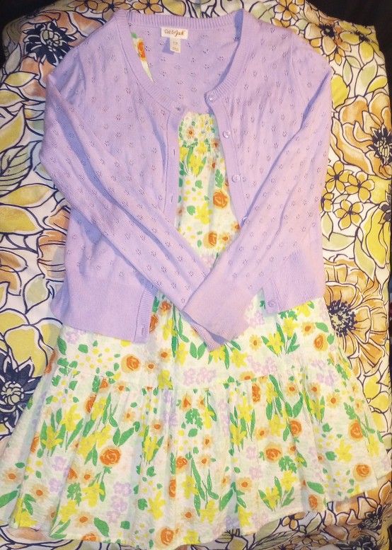 Cat & Jack Girls Floral Dress Paired with Cat & Jack Girls Lavender Cardigan - Size 8 Girls