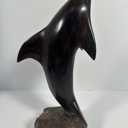 Large Hand Carved Wood Dolphin Sculpture on Natural Base 13”
