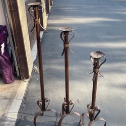 3 Brown Iron Candle Holders 