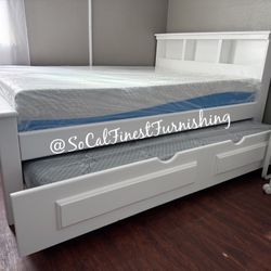 White Full Bed With Twin Trundle And Memory Foam Mattresses 