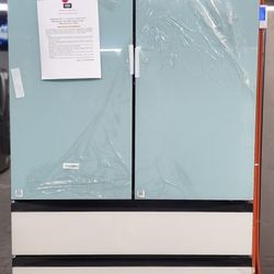 Appliances - Samsung Bespoke 29 cu ft. 4-Door French Door Smart Refrigerator with Beverage Center in Morning Blue/White Glass, Standard Depth