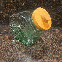 Pier 1 Green Glass Canister w/ Wood Lid – 2002