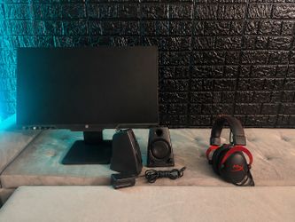HP gaming monitor, gaming HyperX headphones and speakers