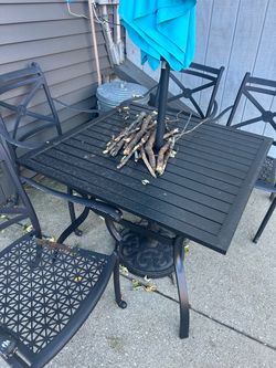 Table , 4 Chairs, Umbrella and Stand