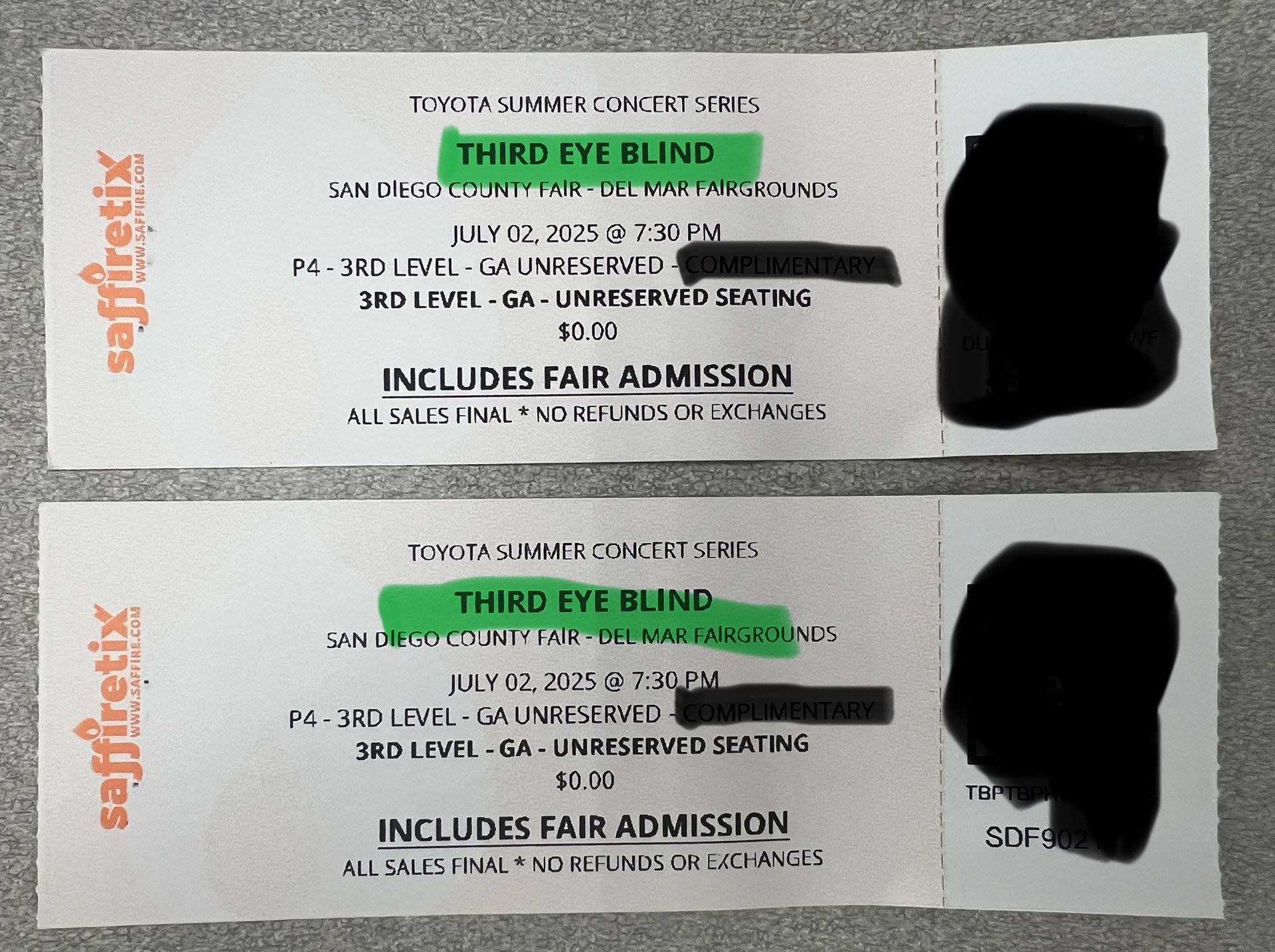 TONIGHT (Wed 7/2) Third Eye Blind + Fair Admission (2 paper tix)
