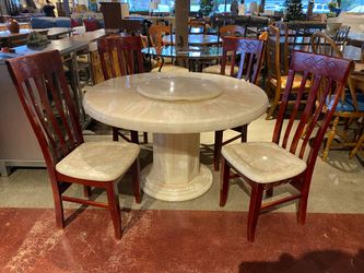 Pearlescent Pedestal Lazy Susan Dining Table Set w/ 4 Chairs
