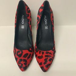 Aldo Size 7.5 Womens- Red Black Leopard Cheetah Animal Print Heels Shoes 
