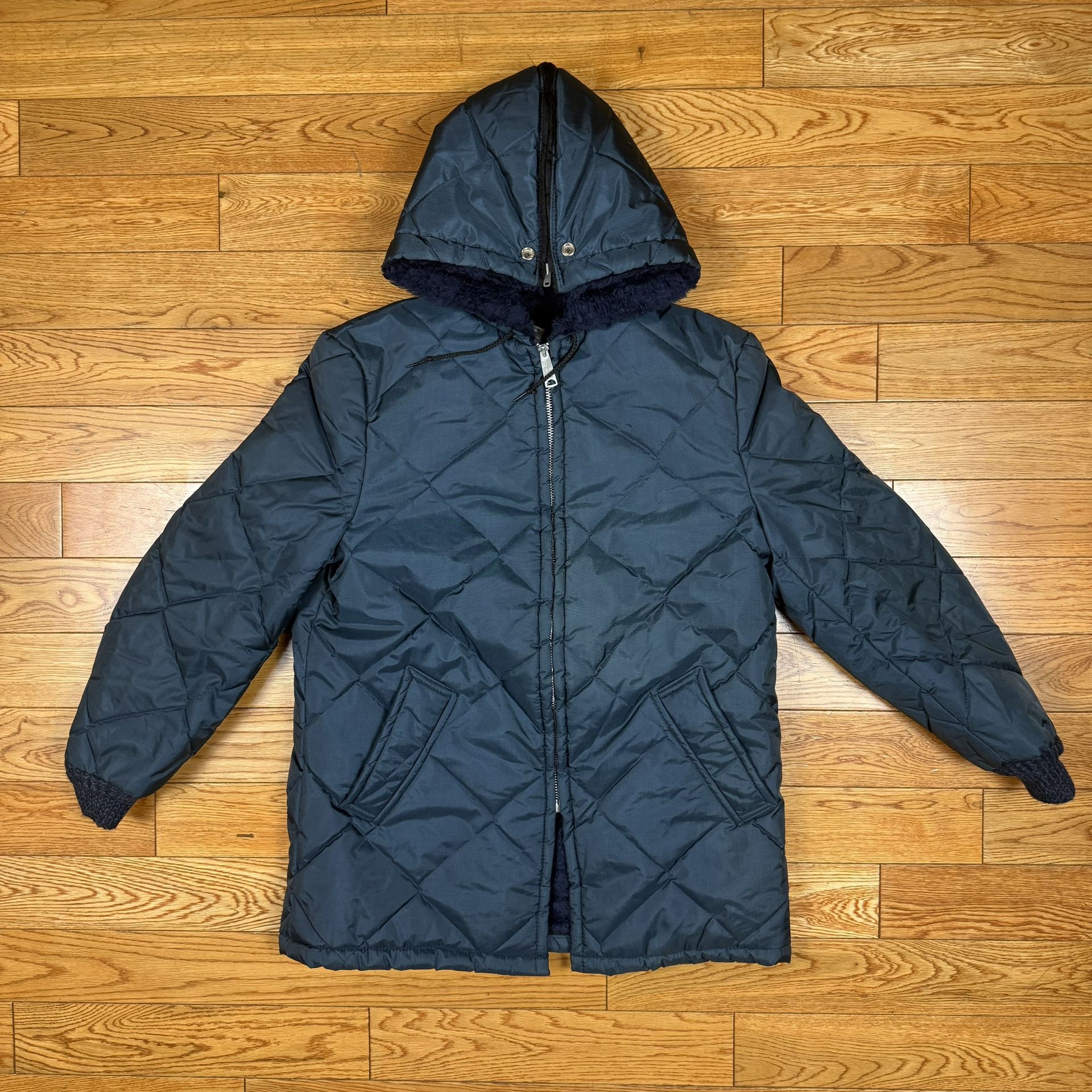 60's 70's Vintage Mr Chips Men’s Jacket Navy Sz Medium Quilted Parka Fur Lining