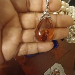 Vintage  Sterling Silver Amber Pendant  And Necklace 