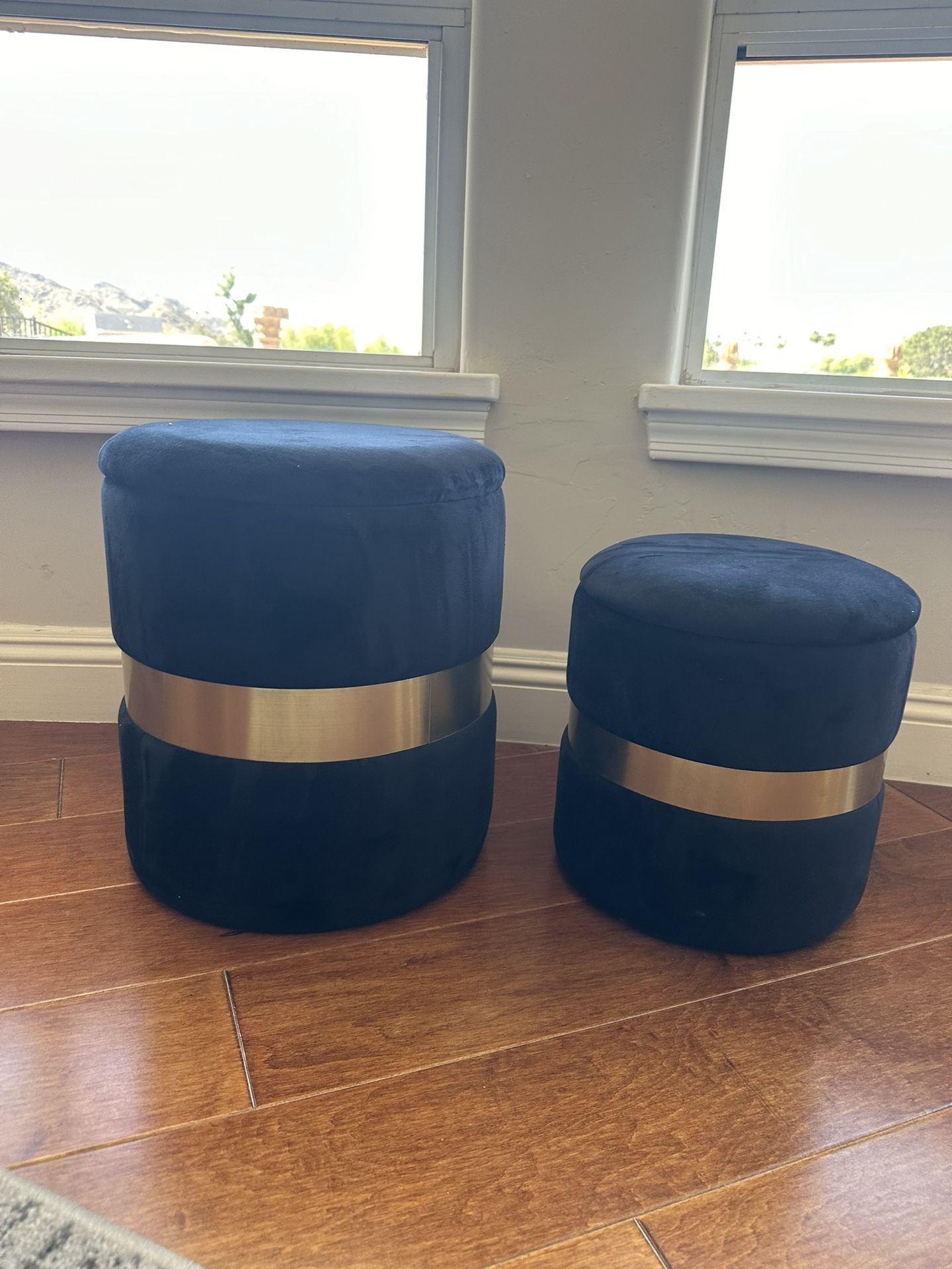 Black Velvet and Gold Storage Ottoman Footstools, Set of 2