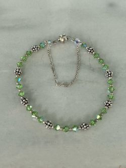 Vintage Sterling Silver 925 Green Swarovski Crystal Bracelet Bali Silver Spacer Beads