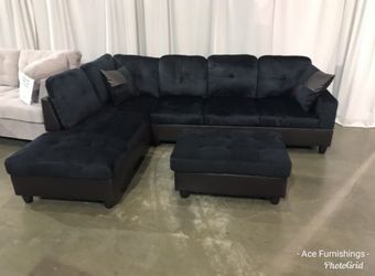 Brand New Midnight Microfiber Sectional With Storage Ottoman & 2 Decorative Pillows