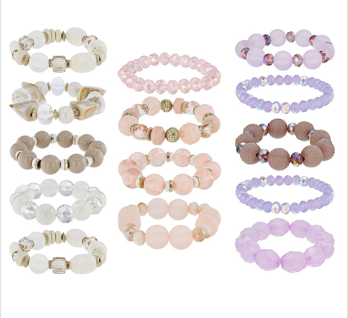 Pink, Purple, & White Beaded Gold Tone Set of 14 Stretch Bracelets