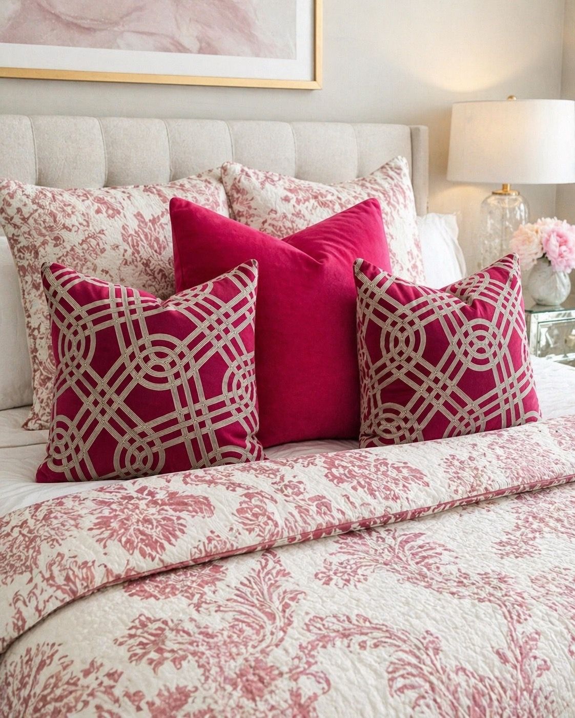 Set of 3 Designer Throw Pillows – Down Filled – Pink Velvet Euro + Geometric Covers