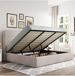 King bed Lift Up Hydraulic Storage Bed Frame Light Beige
Modern Wingback Headboard, Hydraulic Support Storage, No Box Spring Needed