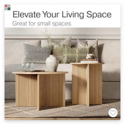 NEW Stead Round Fluted Accent Table + Nesting Coffee Table Set – Natural Oak