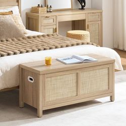 Rattan Storage Chest 39.4" Storage Bench for Bedroom Modern Boho Storage Truck with 2 Safety Hinges and Flip Top for Living Room Entryway, Supports 22