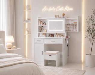 Vanity Desk with Mirror and Lights, Makeup Vanity Table with Stool, Hidden Shelves J-30