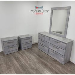 DRESSER WITH MIRROR AND TWO NIGHTSTANDS 