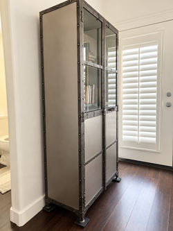 Industrial Cabinet: Riveted Metal & Glass, Apothecary-Style