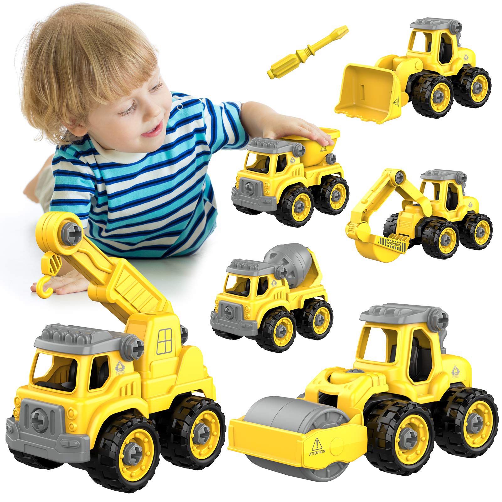 6-in-2 Construction Vehicle Toys, Kids DIY Take Apart Truck Set, Best Vehicle Toys for 3-6 Boys Girls Toddler with Cement Mixer/Sand Truck, Crane Mach