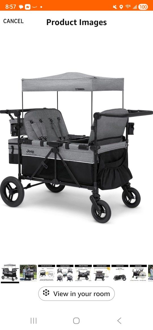 Jeep Wrangler Deluxe 4 Seater Stroller Wagon by Delta Children - Premium Quad Stroller Wagon for 4 Kids with Convertible Seats, Adjustable Push/Pull H