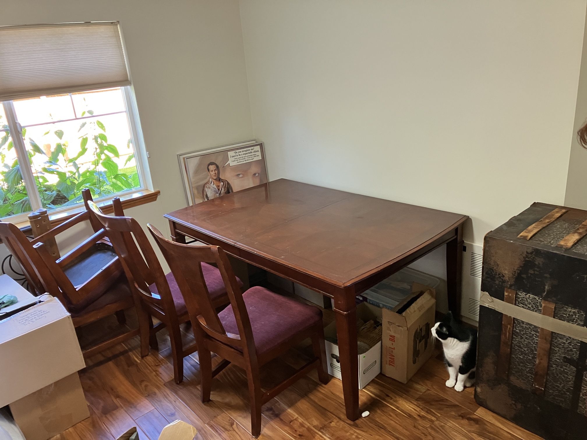 Dining Table With 4 Chairs, Inlay Design, Wood With Fabric Cushion Seats