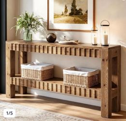 LD0236 Solid Wood Console Table, 63" Farmhouse Long Entryway Table with Storage, 2-Tier Rectangular Narrow Sofa Table Behind Couch for Entryway, Hallw