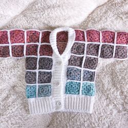 Handmade Granny Square Crocheted Infant Cardigan / Sweater with Buttons - Multicolor Ombre - 12 to 18 months