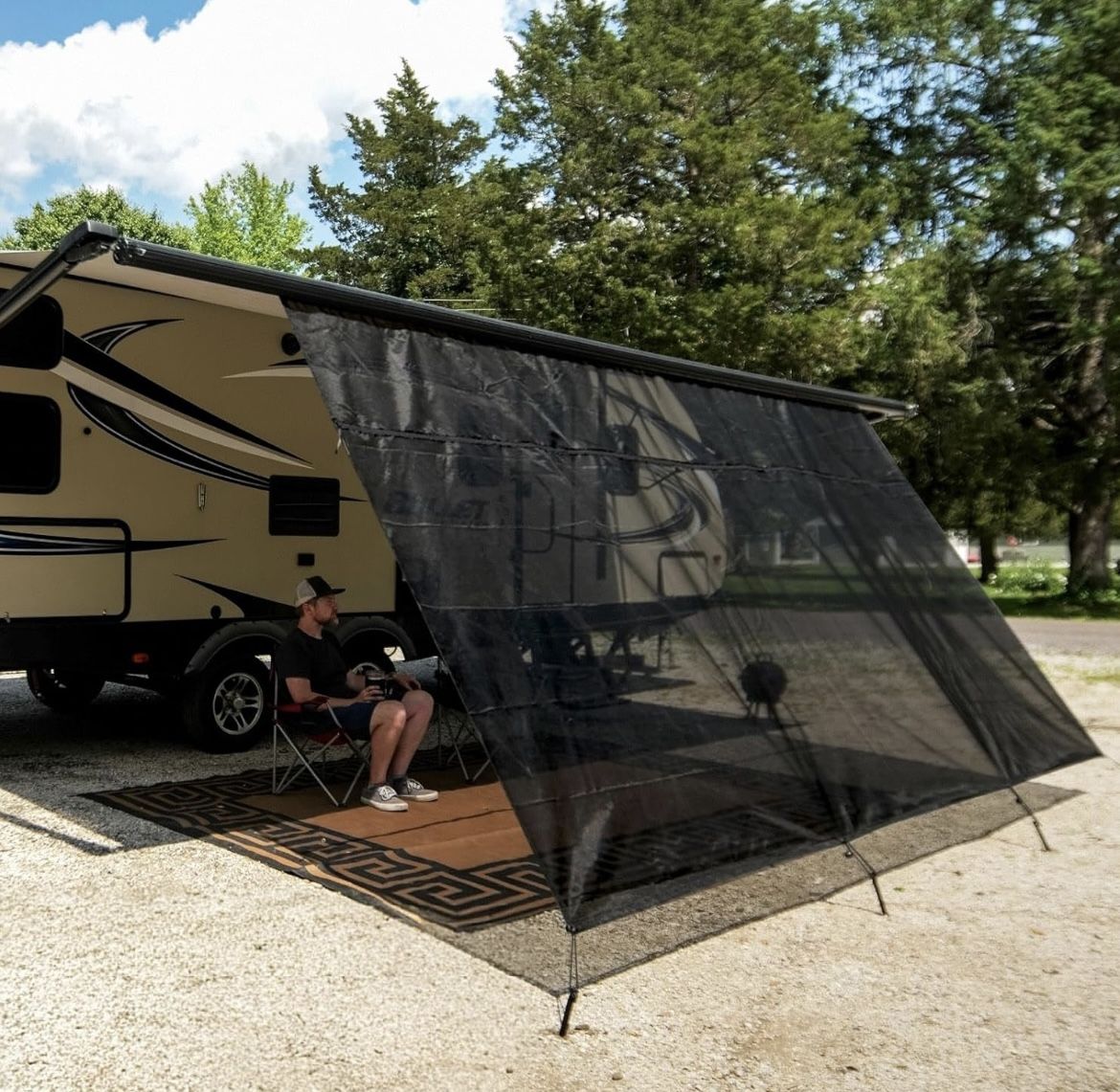 RV Awning Shade Screen with Zipper, 8'X20'3" RV Awning Front Shade Screen, Black Mesh UV Blocker Sunshade Complete Kits for RV Camper Motorho