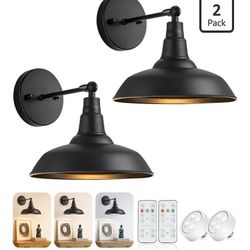 Black Vintage Battery Operated Wall Sconces, Set of 2 Industrial Cordless Battery Powered Wall Sconce with Remote Control Indoor for Bedroom, Hallway
