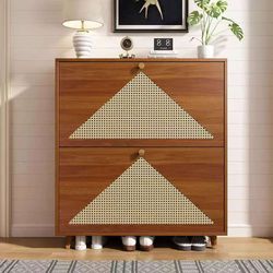 32-inch hidden shoe cabinet with 2 flip-top drawers for entryway storage (walnut)