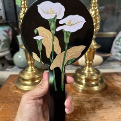 Vintage Otagiri "Calla Lily" Black Lacquer Nesting Hand Mirrors, Handpainted Double Mirror Set, Made in Japan, Make-up/Vanity Accessory