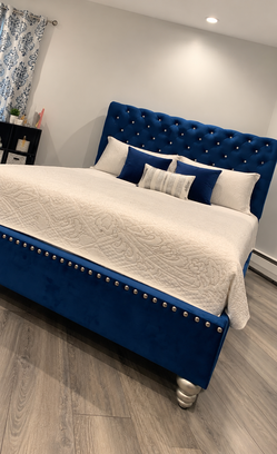Blue Velvet Tufted Queen Bed with Nailhead Trim