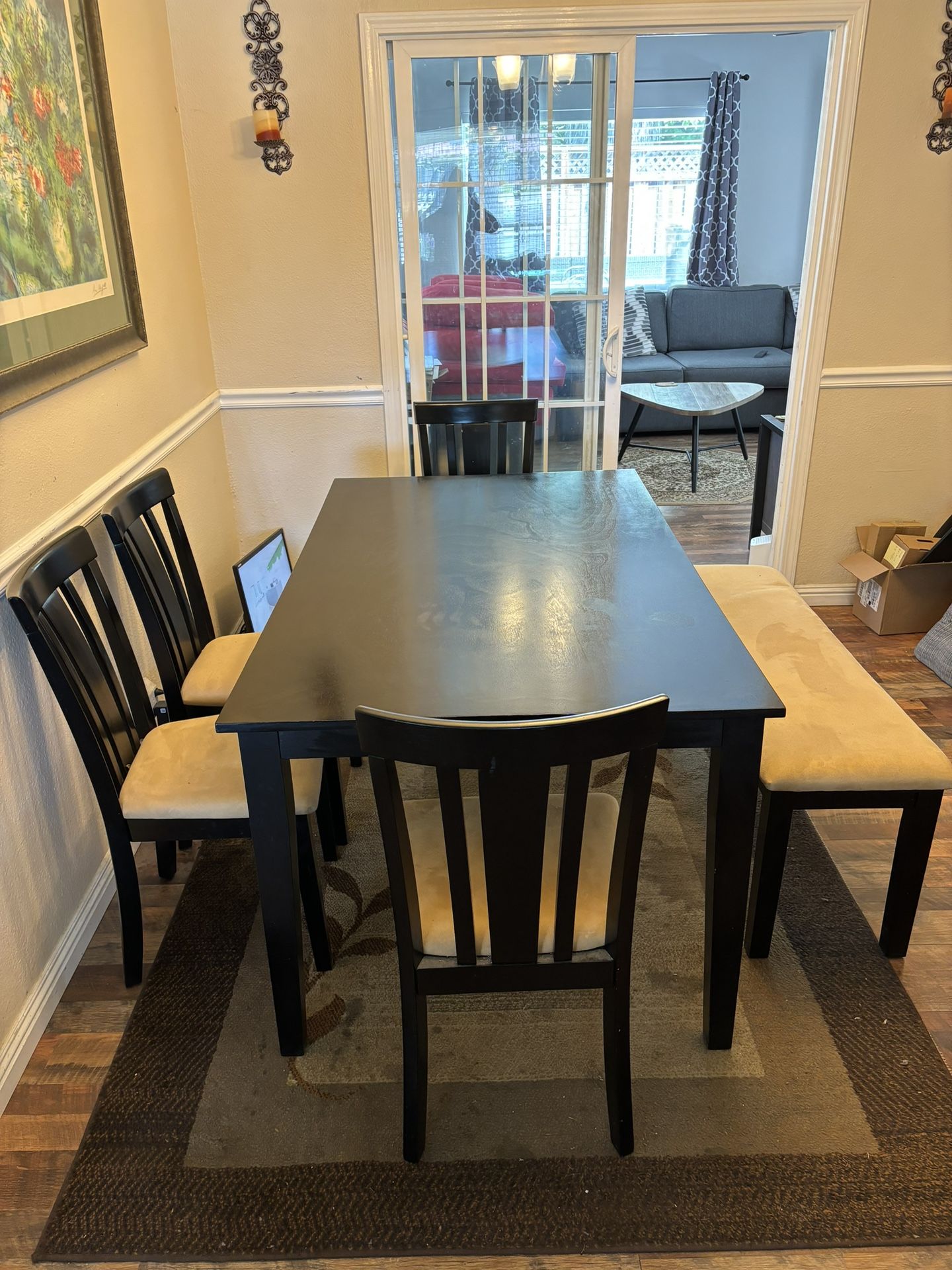 DINING ROOM TABLE - SEATS 6 - 4 CHAIR + BENCH