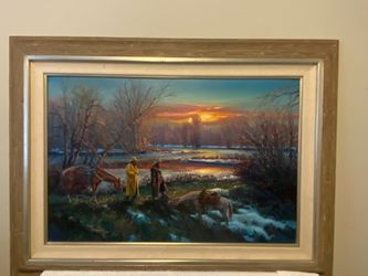 “Cowboys at Sunset ,” oil painting by Fleming
