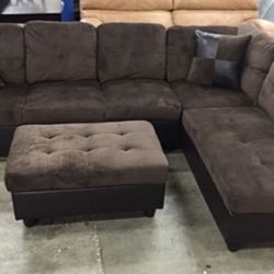 Brown Microfiber Sectional Couch And Ottoman